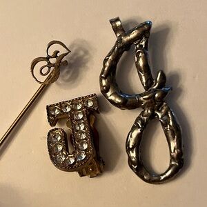 Vintage Signed Sterling Carved Monogram Letter J Lapel Hat Tie Pin + J Pendant